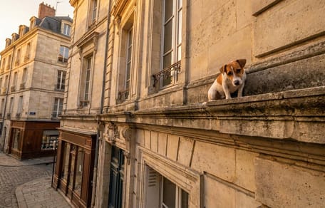 Un cane intrappolato su un cornicione