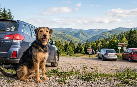 Ein treuer Hund wartet auf einem Parkplatz geduldig auf seinen Hundehalter.
