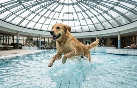 un chien qui joue dans une piscine
