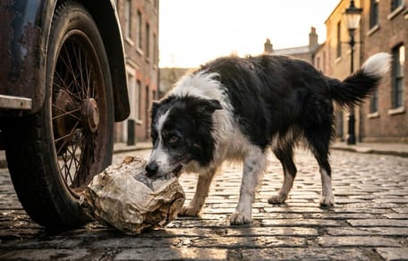 Ein Hund findet ein Paket auf der Straße
