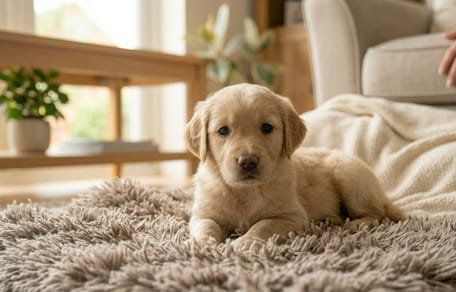 when does puppy socialisation begin: a puppy lying on a rug