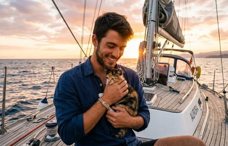 Ein Mann und seine Katze auf einem voill
