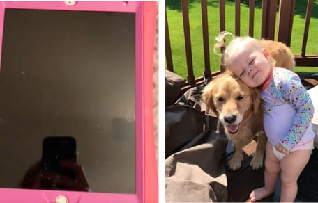 A child's iPad showing a photo with a dog