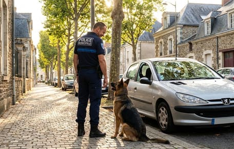 Policjant przed stojącym w słońcu samochodem
