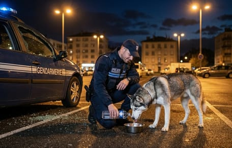 Een Franse politieagent in uniform geeft water uit een bakje aan een Husky