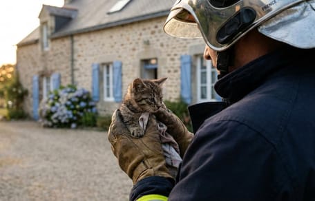 Un bombero que rescata a un gatito