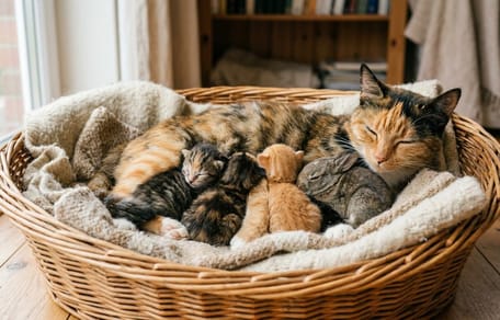 Une chatte et ses chatons avec un bébé lapin