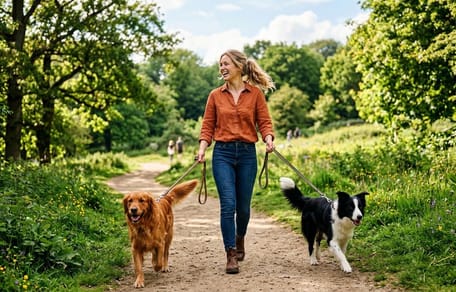 une femme qui promène des chiens