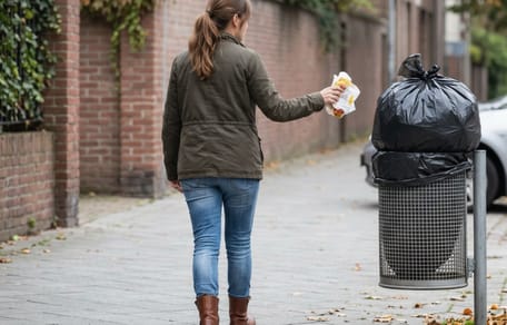 Une femme qui s'approche d'une poubelle en ville