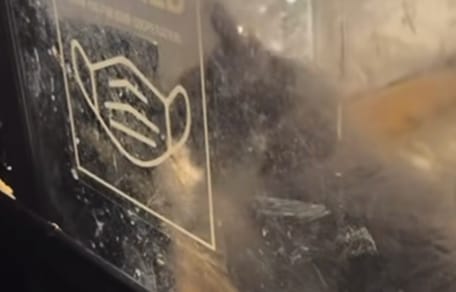 Une ombre dans la vitrine d'un pressing abandonné