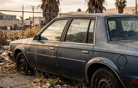 Un coche abandonado en la naturaleza