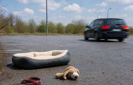 Un'auto fugge, accessori per cani giacciono sulla strada