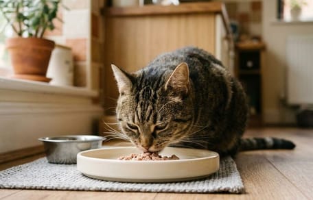whisker fatigue: cat eating from bowl