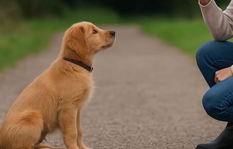 Woman training labrador puppy