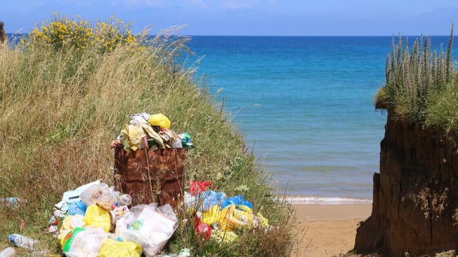 Überfüllter Mülleimer am Strand