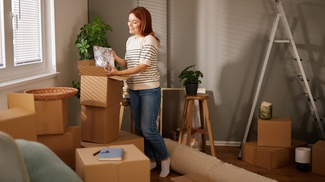 Frau findet Buch in Umzugskartons