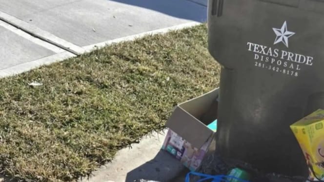 Mülltonne mit Abfallsäcken daneben