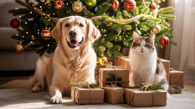 Hund und Katze vor Weihnachtsbaum