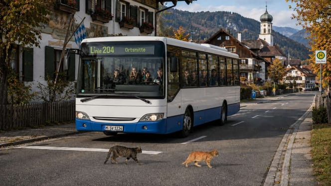 Katzen überqueren vor einem Bus die Straße