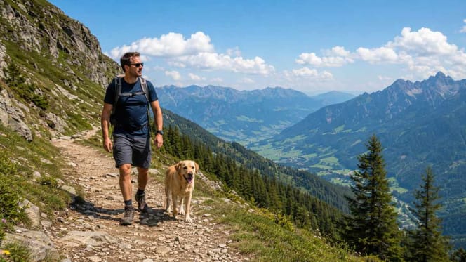 Mann mit Hund bei Bergwanderung