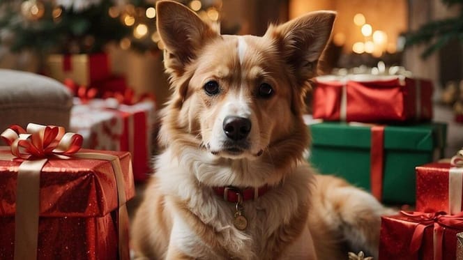 AI image of dog sitting by presents infront of Christmas tree