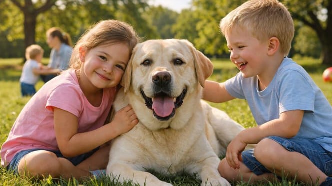 Are Labradors good with kids: Children sitting with labrador