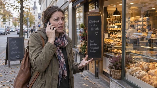 Aufgeregte Frau vor Bäckerei