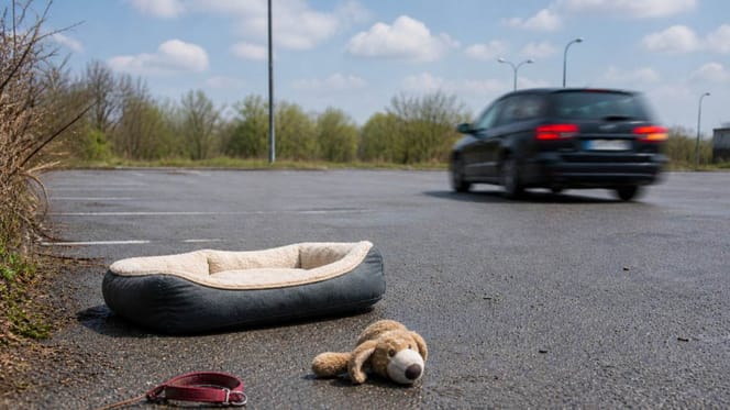 Auto rast davon, auf der Straße liegt Hundezubehör