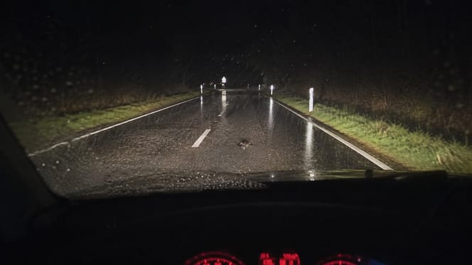 Autofahrer bremst auf dunkler, nasser Straße