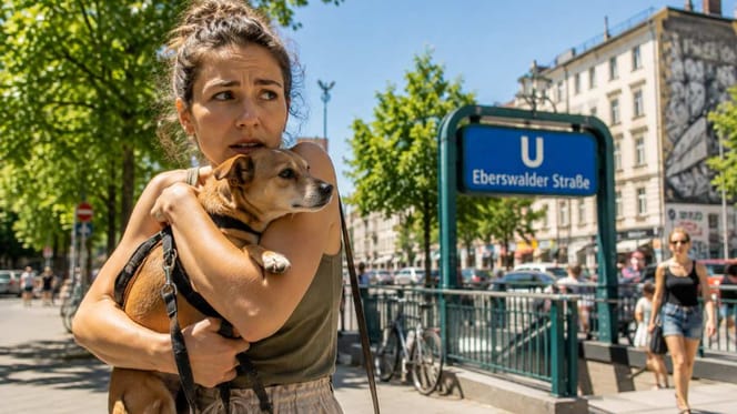 Besorgte Berlinerin mit Hund auf dem Arm