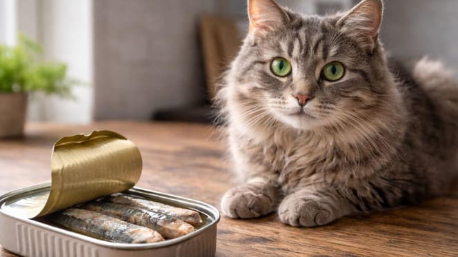 Can cats eat sardines: Cat sitting on table with sardine tin