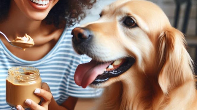 Can dogs eat almond butter: Woman offering spoon of almond butter to Golden Retriever