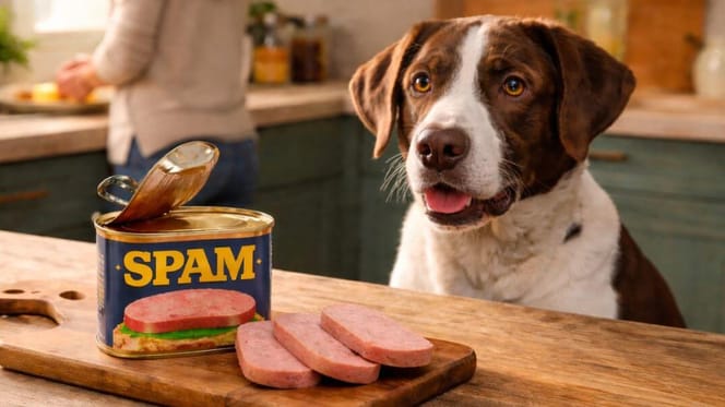 Can dogs eat spam? Dog sitting by opened can of Spam