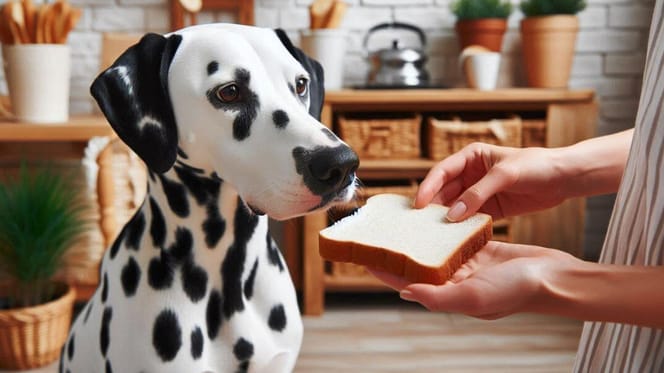 Can dogs eat white bread: Dalmatian looking at bread slice in person's hand