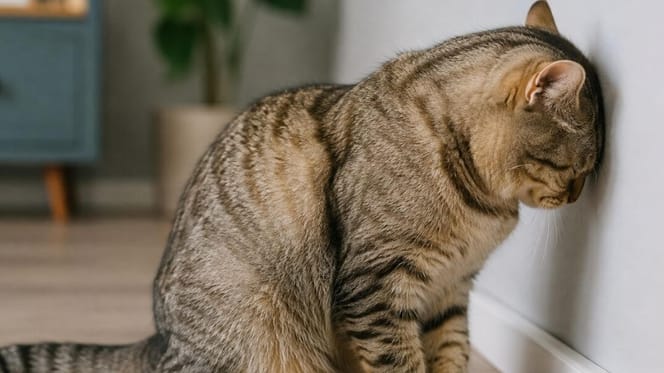 Cat head pressing: cat pressing head against wall