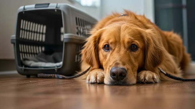 Chien allongé au sol devant sa caisse de transport, l’air fatigué et abattu