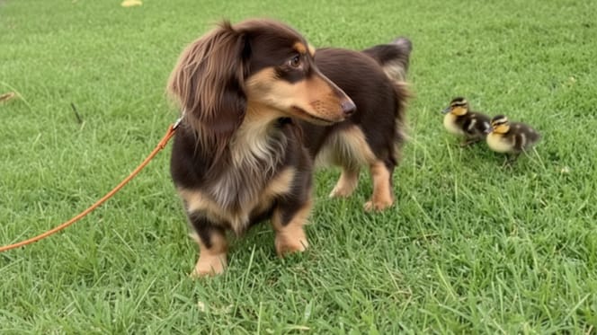Dog and ducklings