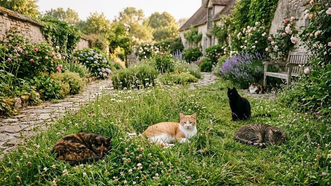 Streunende Katzen in einem Garten
