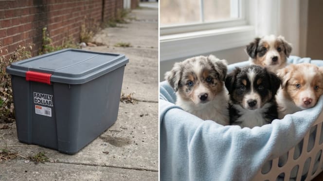 Cuccioli di Pastore Australiano abbandonati in un bidone
