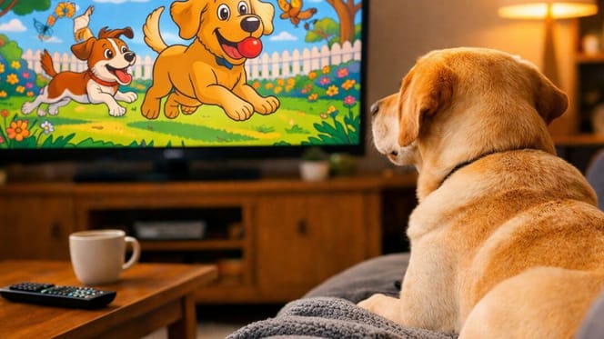 Do dogs watch TV: Labrador watching cartoon on TV