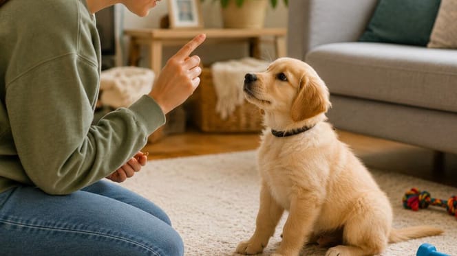 Dog owner training labrador puppy using ZigZag ap