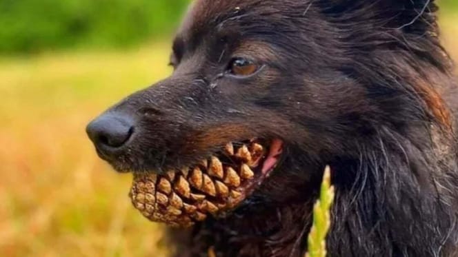 Hond met dennenappel in de bek