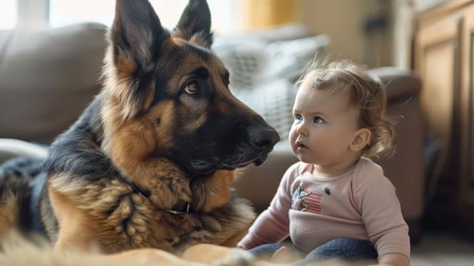 Child and dog together.