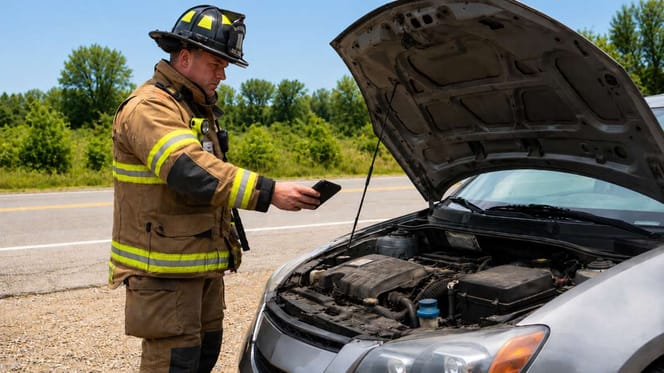 Feuerwehrmann mit Handy vor einem Auto
