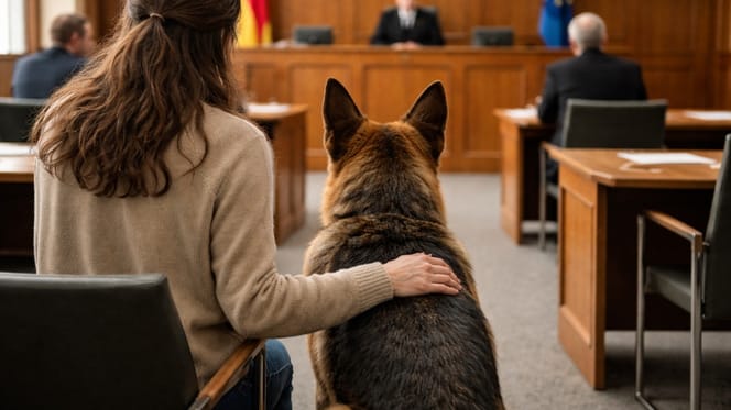 Frau mit Hund neben sich im Gerichtssaal