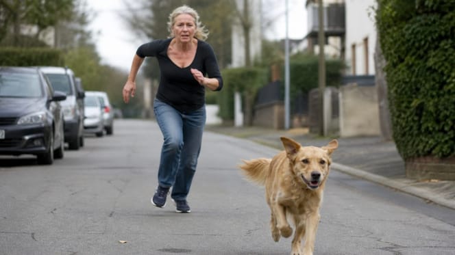 Frau rennt hinter Hund her