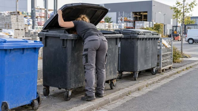 Frau schaut in Müllcontainer