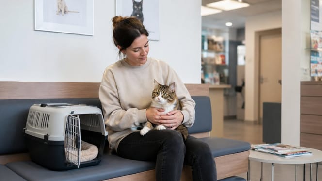 Frau sitzt mit ihrer Katze im Tierarzt-Wartezimmer