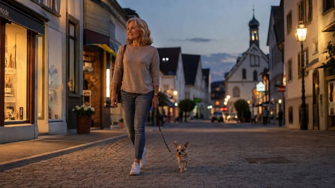 Frauchen spaziert mit Chihuahua durch die Stadt