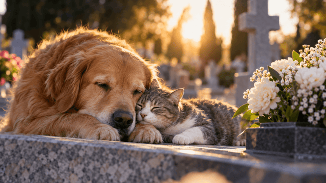 gatto e cane su una tomba